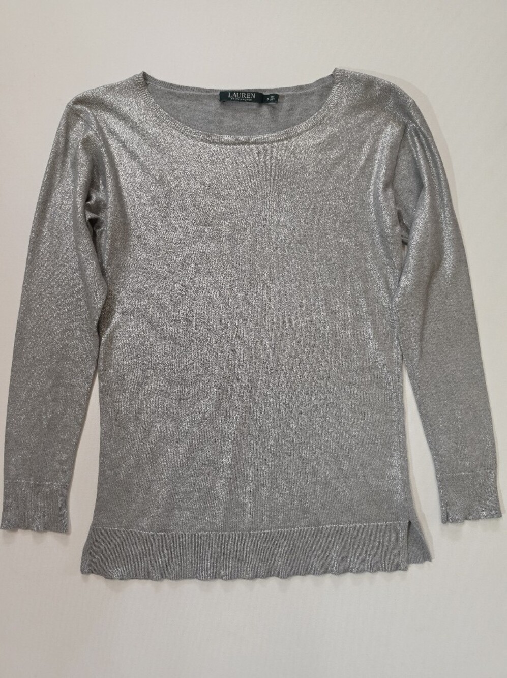 Lauren‎ Ralph Lauren Silver Metallic Sweater Womens Small Lightweight Fine Knit